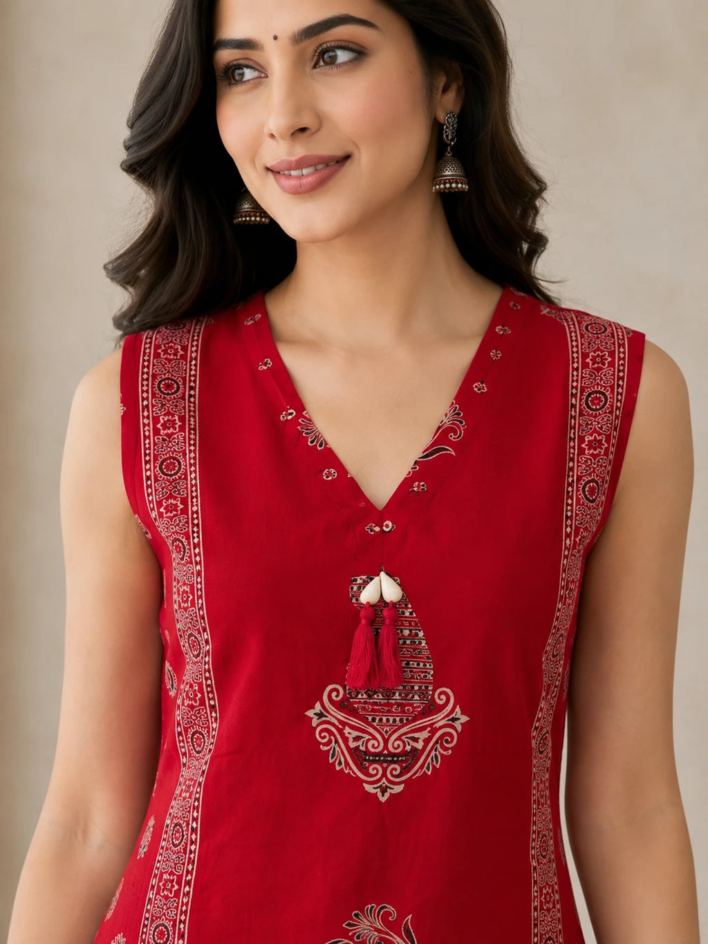 V-Neck Vatican Printed Mirror Work Co-ord Set