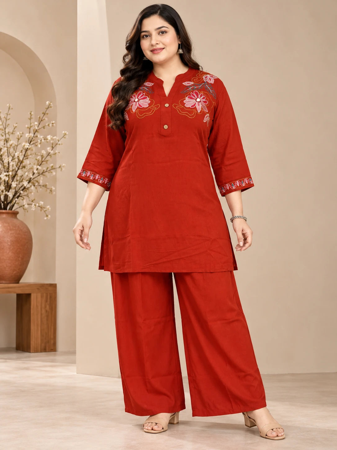 Elegant Rust Orange Short Kurta Palazzo Set