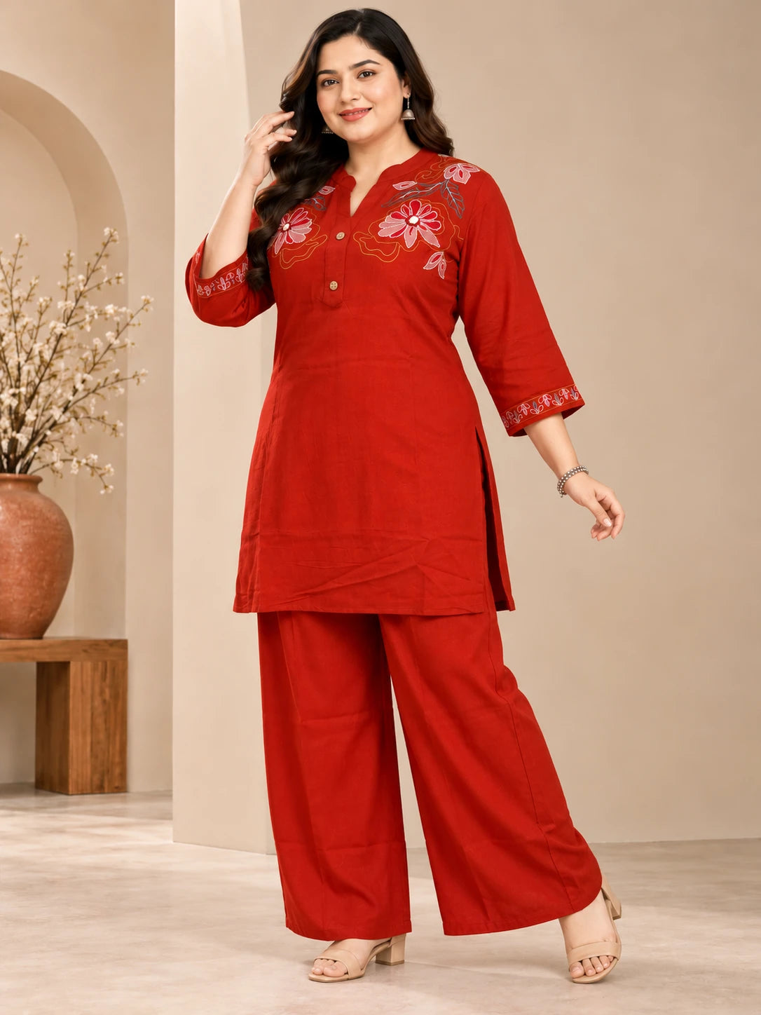 Elegant Rust Orange Short Kurta Palazzo Set