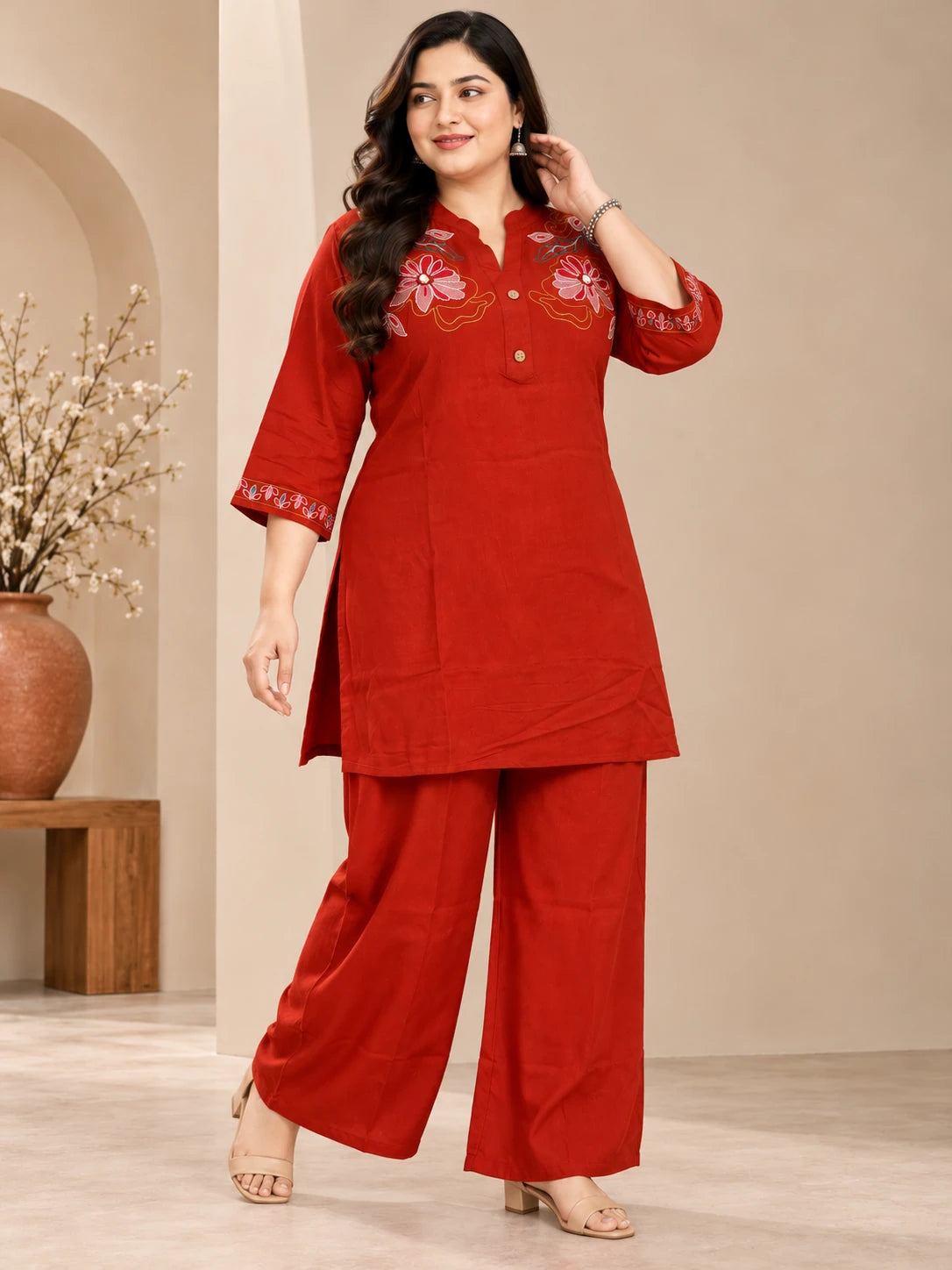 Elegant Rust Orange Short Kurta Palazzo Set