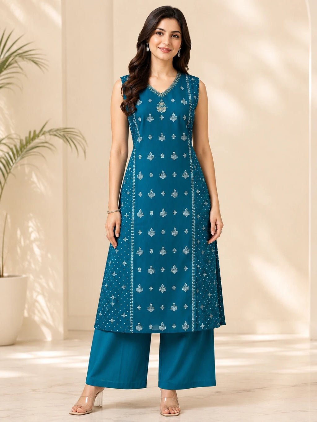 Teal Blue Printed A-Line Kurta with Solid Palazzo