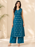 Teal Blue Printed A-Line Kurta with Solid Palazzo