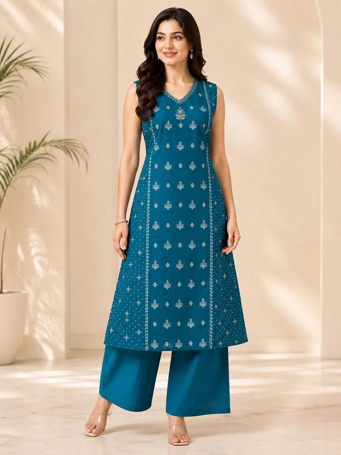 Teal Blue Printed A-Line Kurta with Solid Palazzo