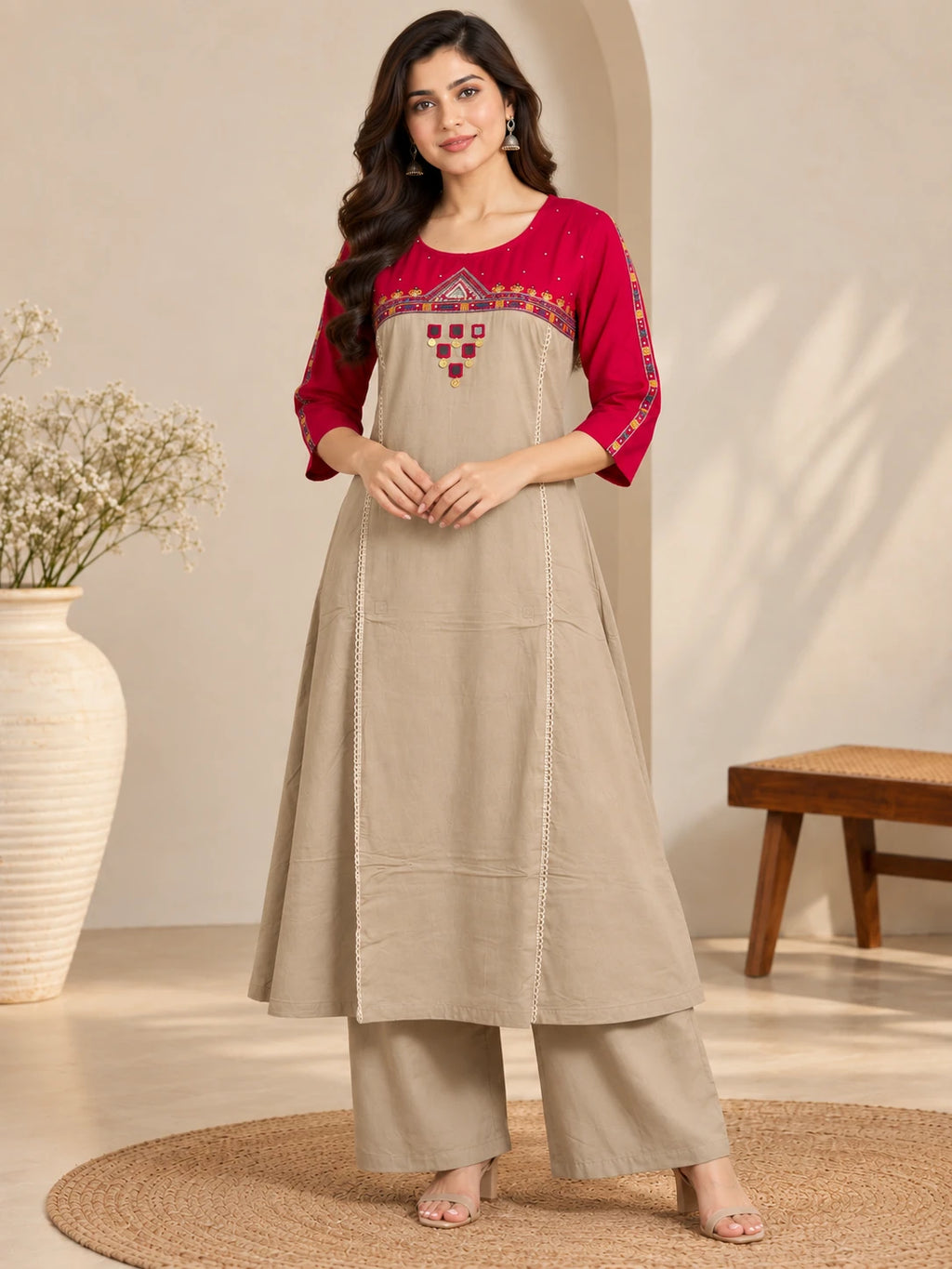 Pink Sui Slub Embroidered Kurta Palazzo Set
