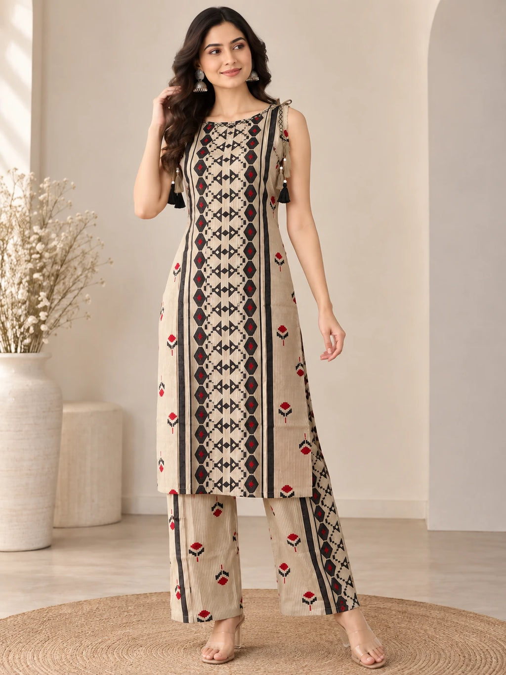 Printed Boat Neck Long Co-ord Set with Palazzo