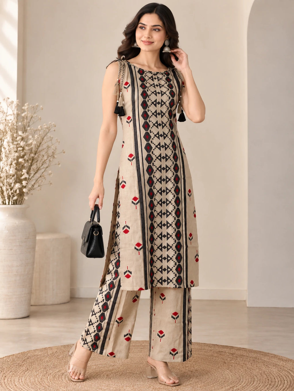 Printed Boat Neck Long Co-ord Set with Palazzo