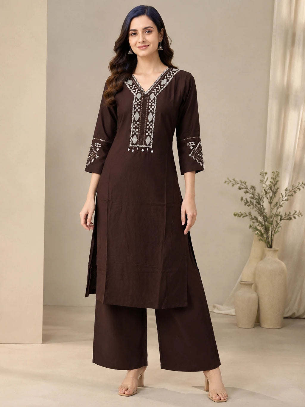 Brown V-Neck Embroidered Sui Slub Co-ord Set