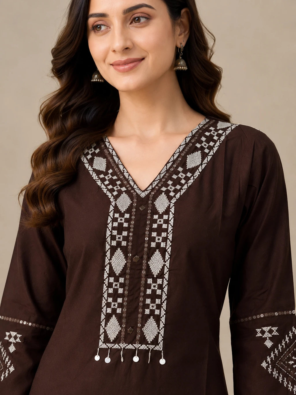Brown V-Neck Embroidered Sui Slub Co-ord Set