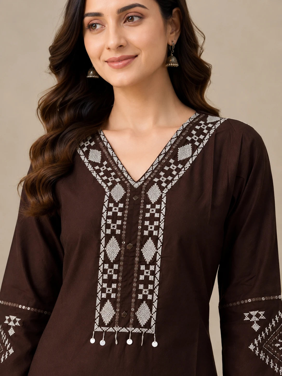 Brown V-Neck Embroidered Sui Slub Co-ord Set
