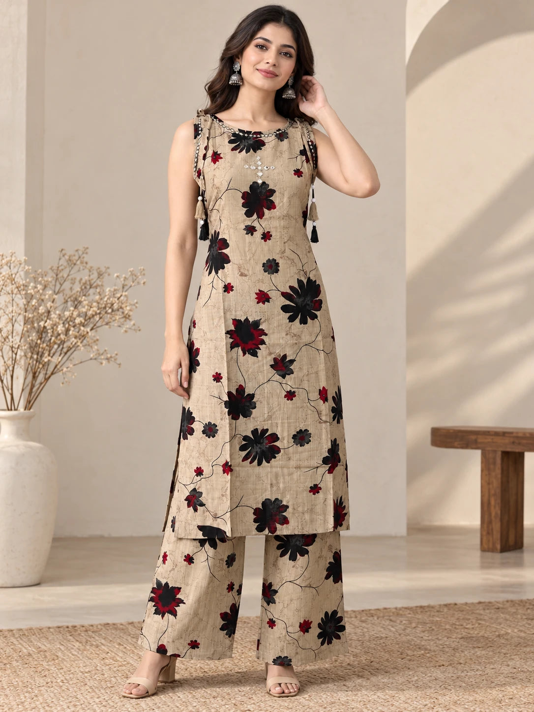 Floral Beige Boat Neck Kurta &amp; Palazzo Set