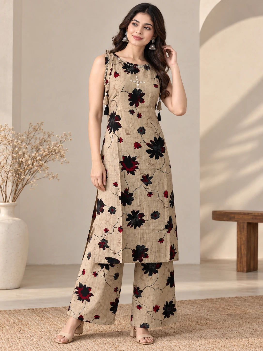 Floral Beige Boat Neck Kurta &amp; Palazzo Set