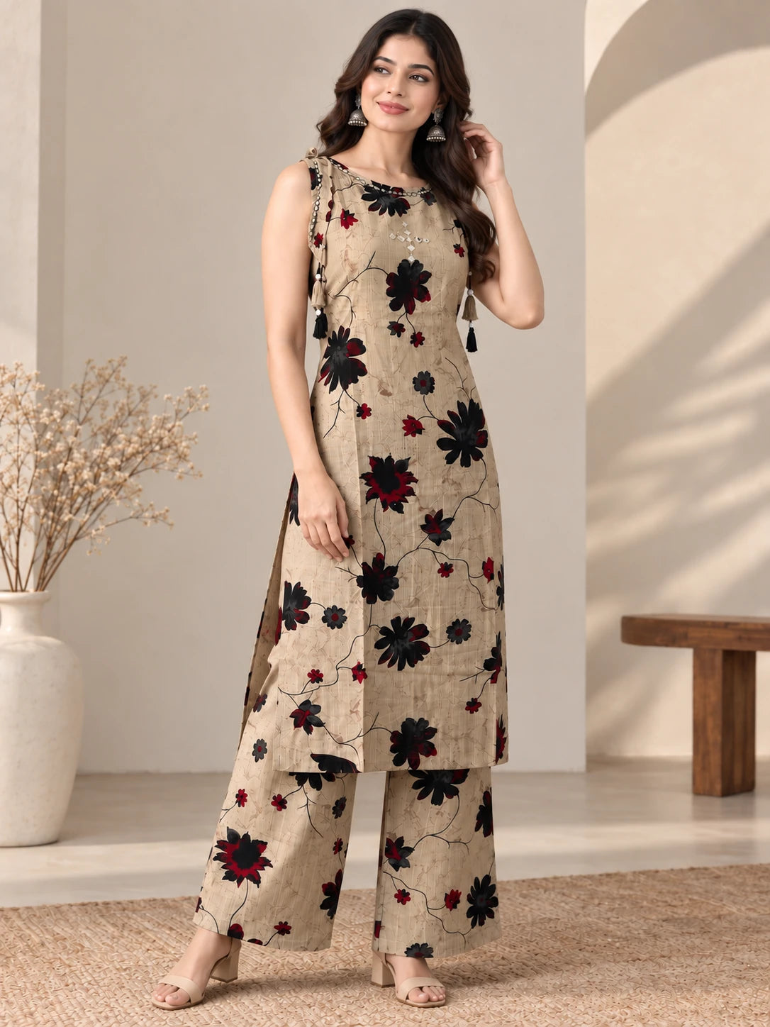 Floral Beige Boat Neck Kurta &amp; Palazzo Set