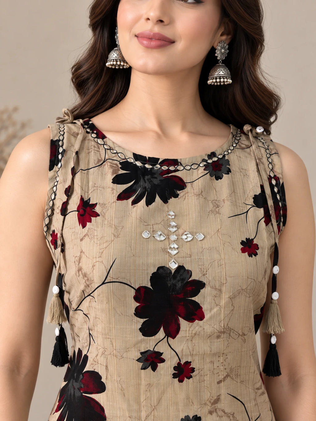 Floral Beige Boat Neck Kurta &amp; Palazzo Set