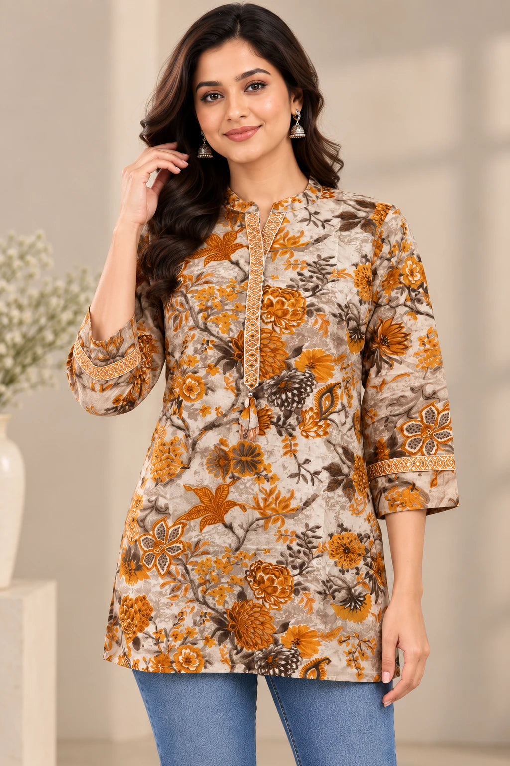 Floral Stand Collar Print Tunic