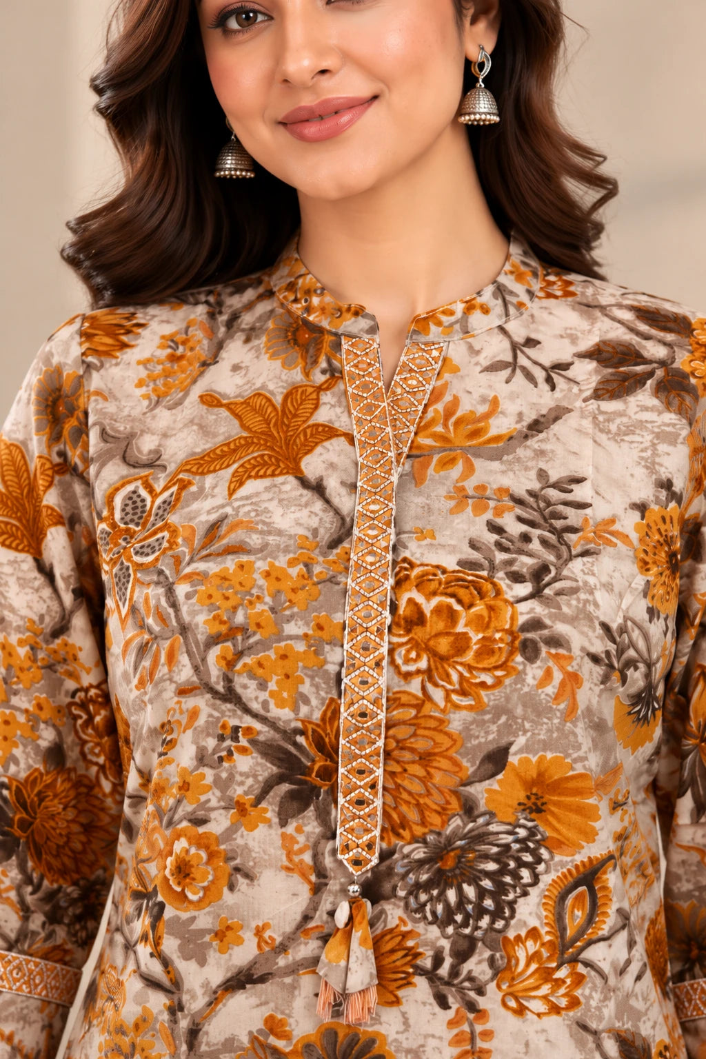 Floral Stand Collar Print Tunic