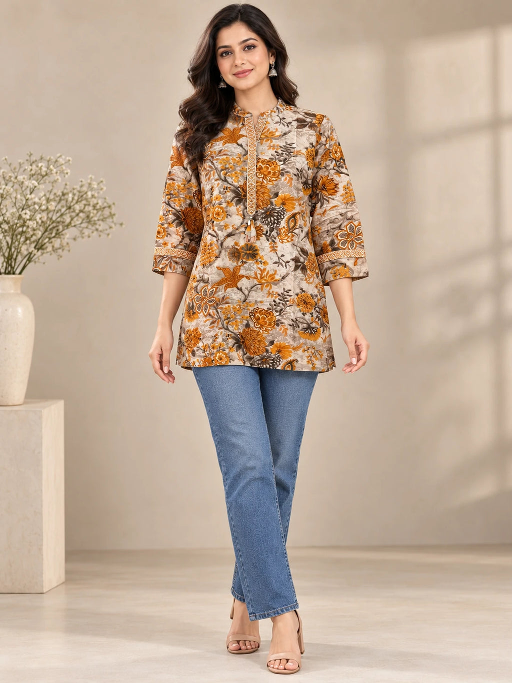 Floral Stand Collar Print Tunic