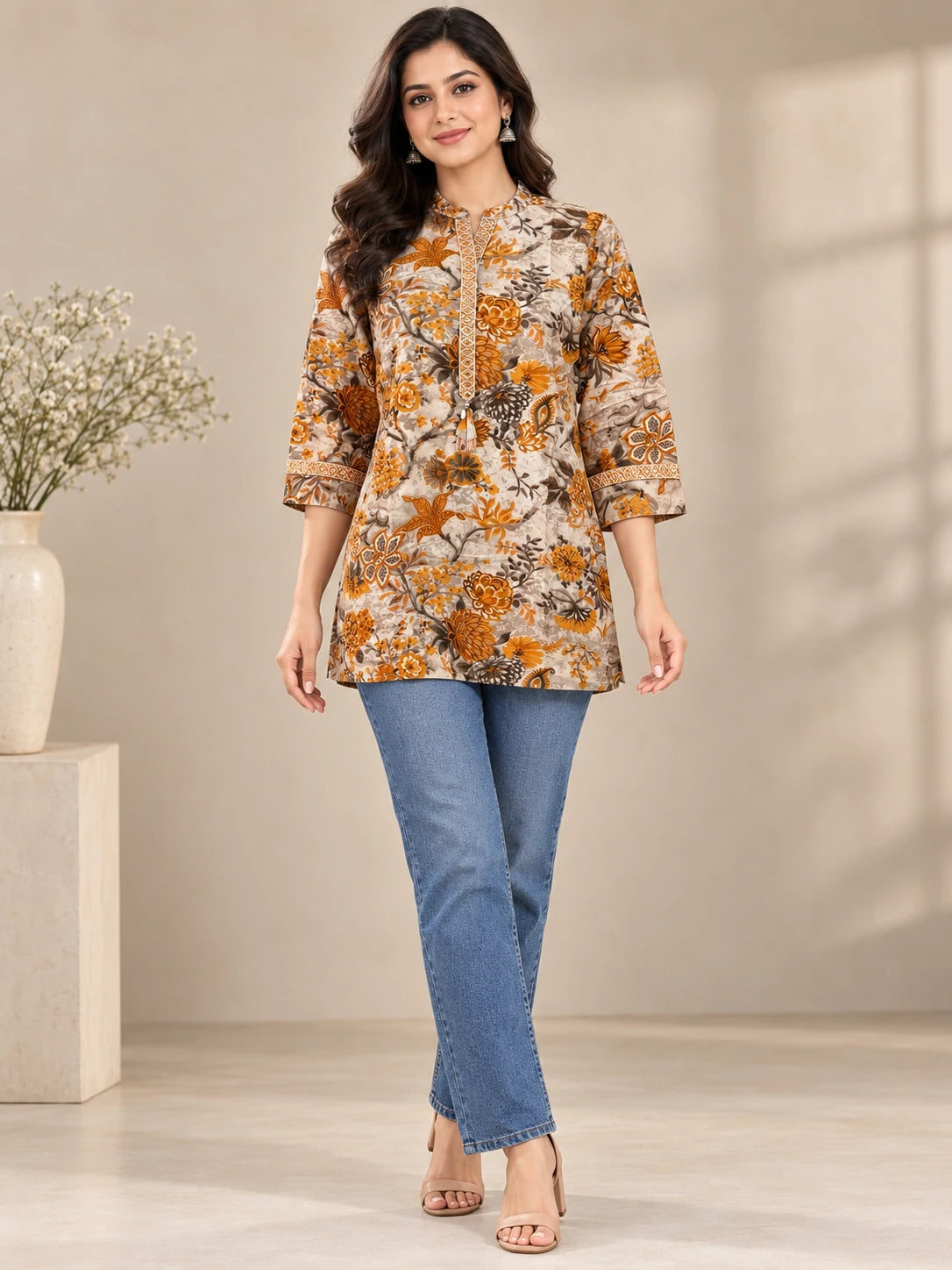 Floral Stand Collar Print Tunic