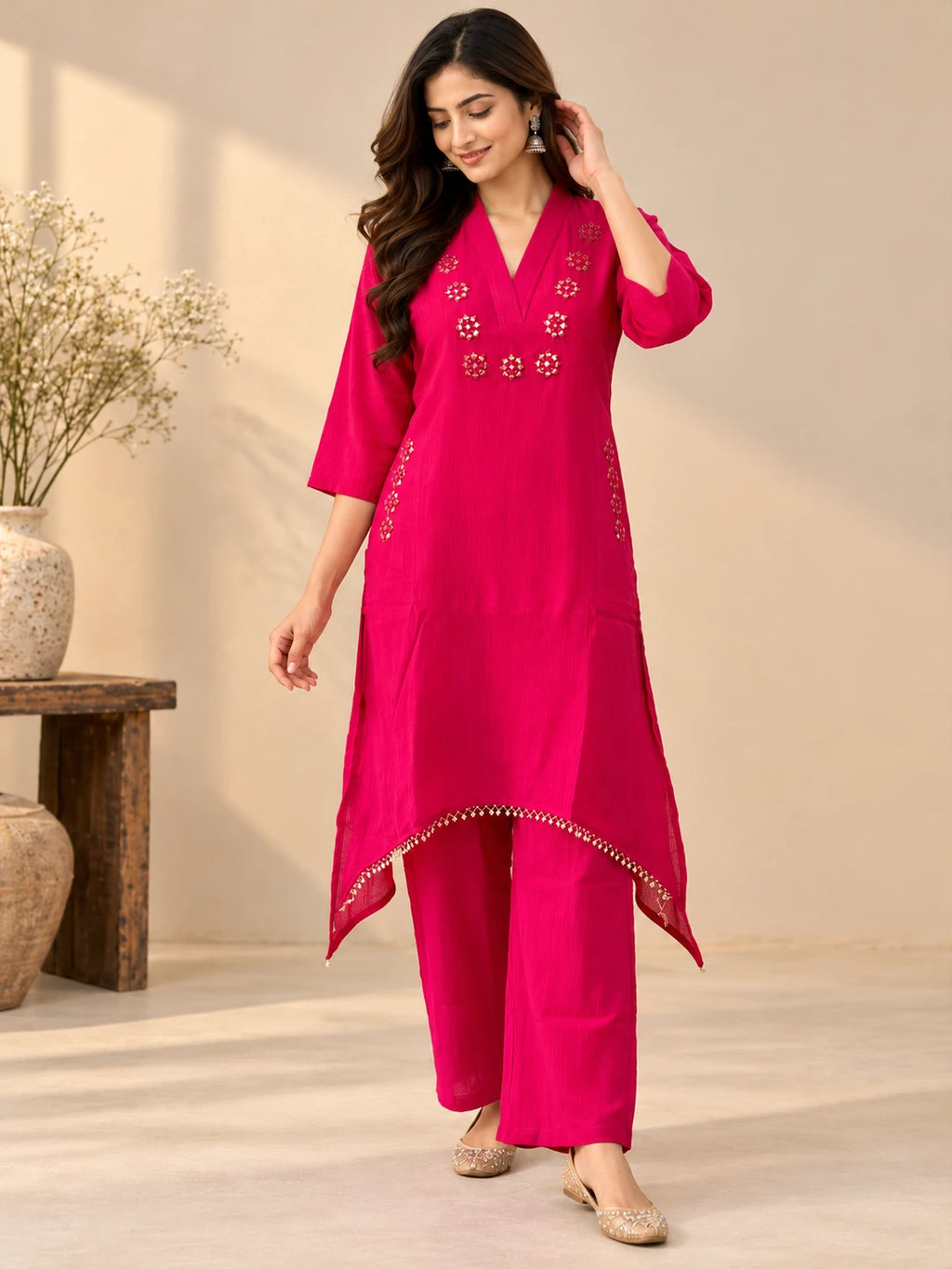 Fuchsia Mirrorwork Kurta Set