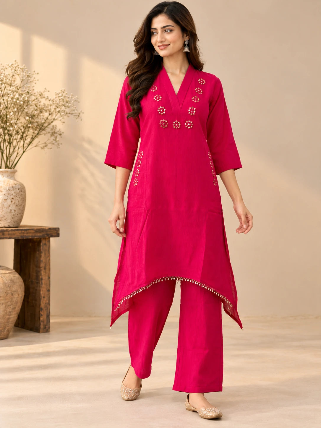 Fuchsia Mirrorwork Kurta Set