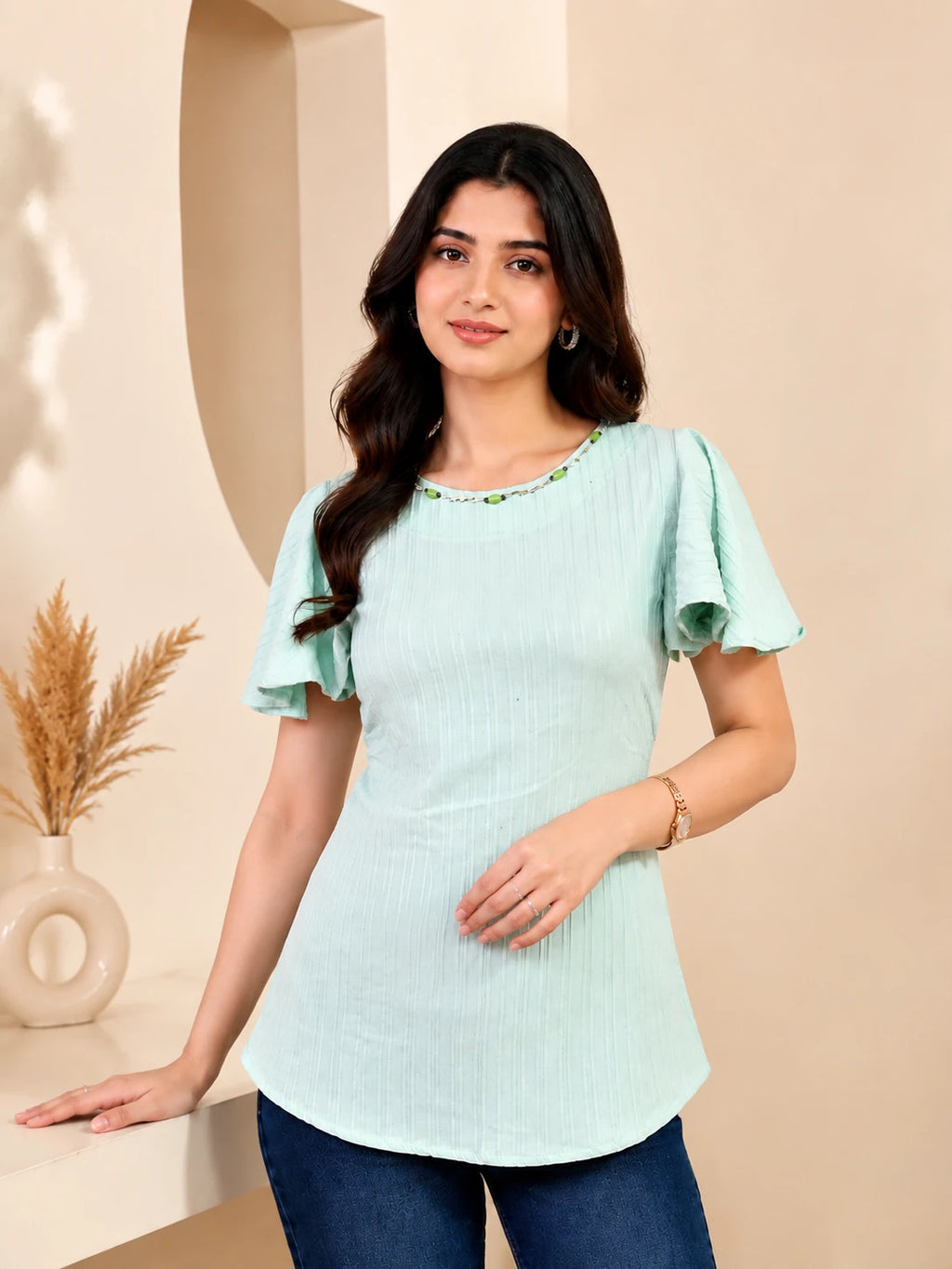 Green Bell Sleeves Solid Tunic Top