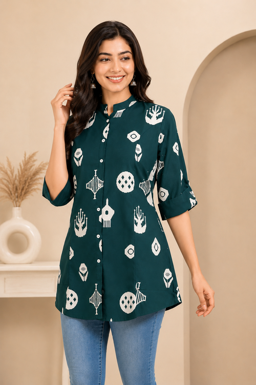GREEN RAYON PRINT TUNIC TOP