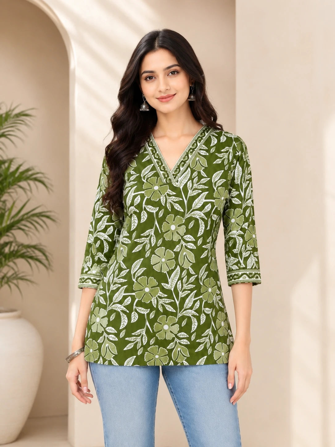 Green V-neck Cotton Tunic Top