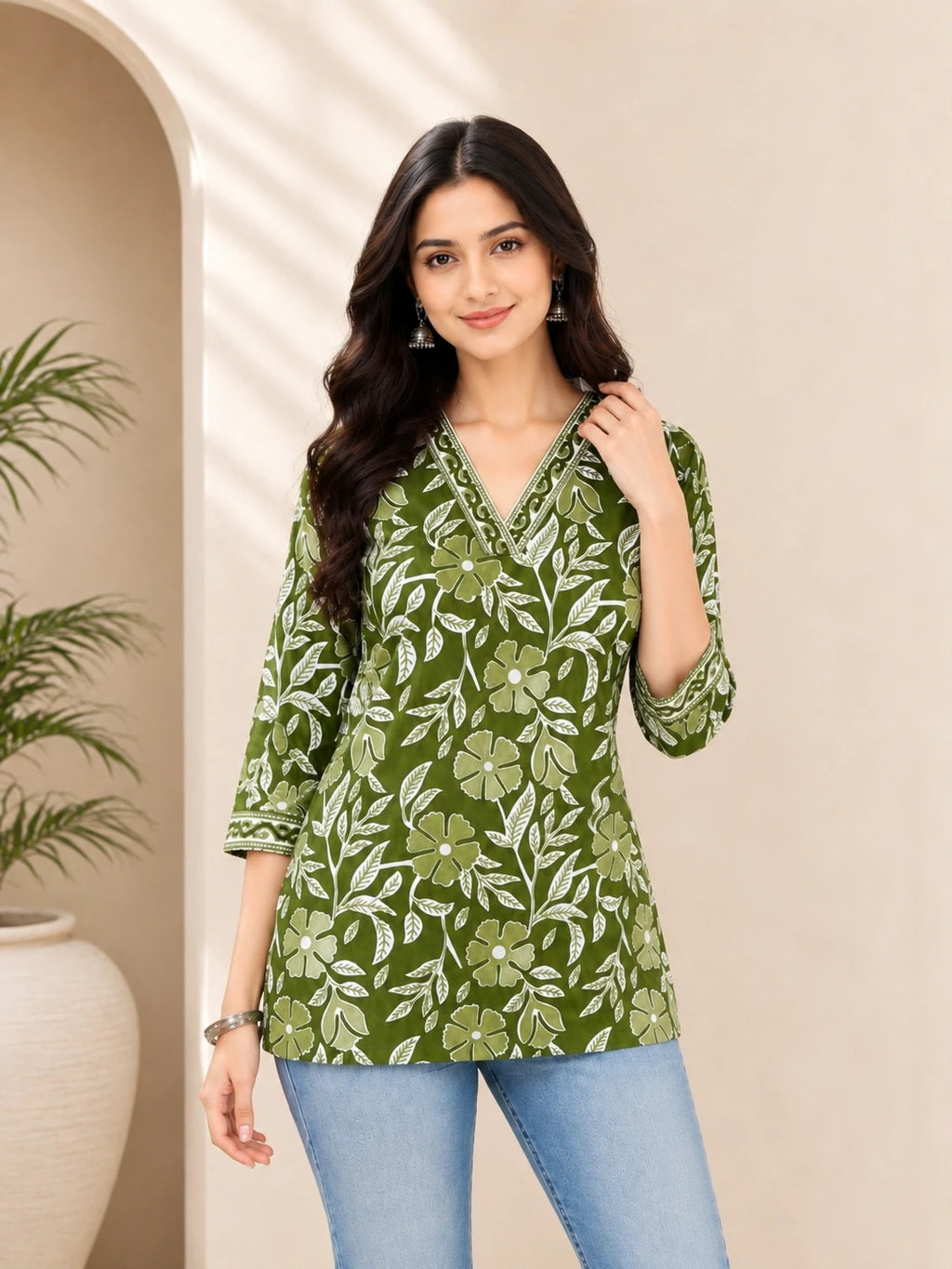 Green V-neck Cotton Tunic Top