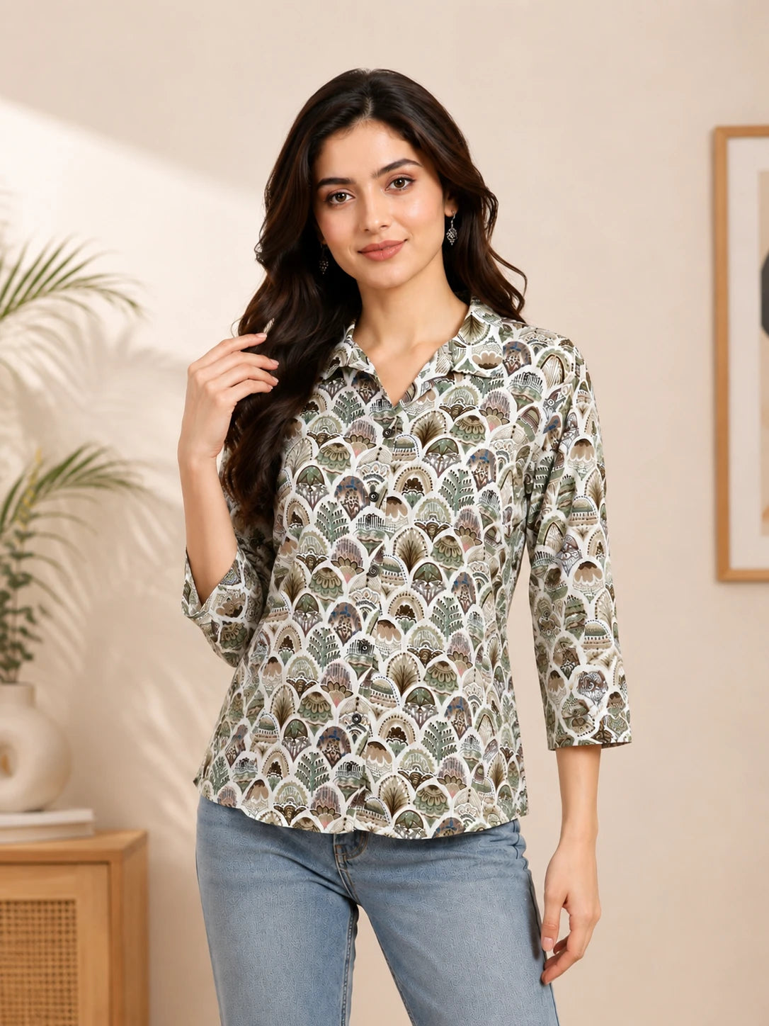 Green & White Cuban Collar Tunic