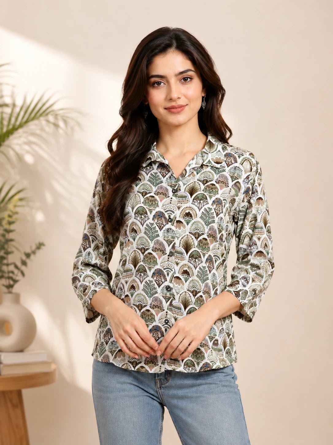 Green & White Cuban Collar Tunic
