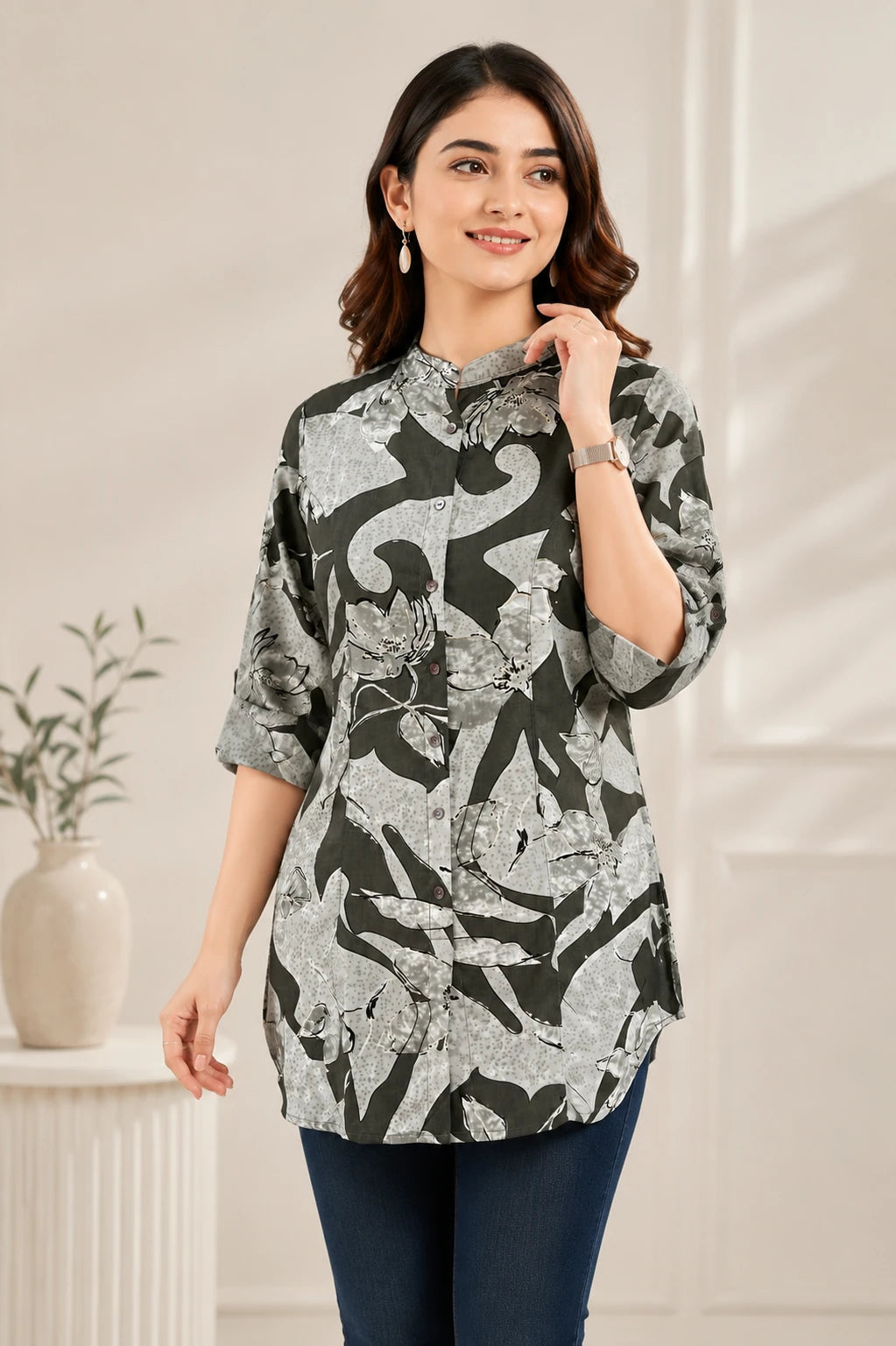 Grey Stand Collar Tunic Top