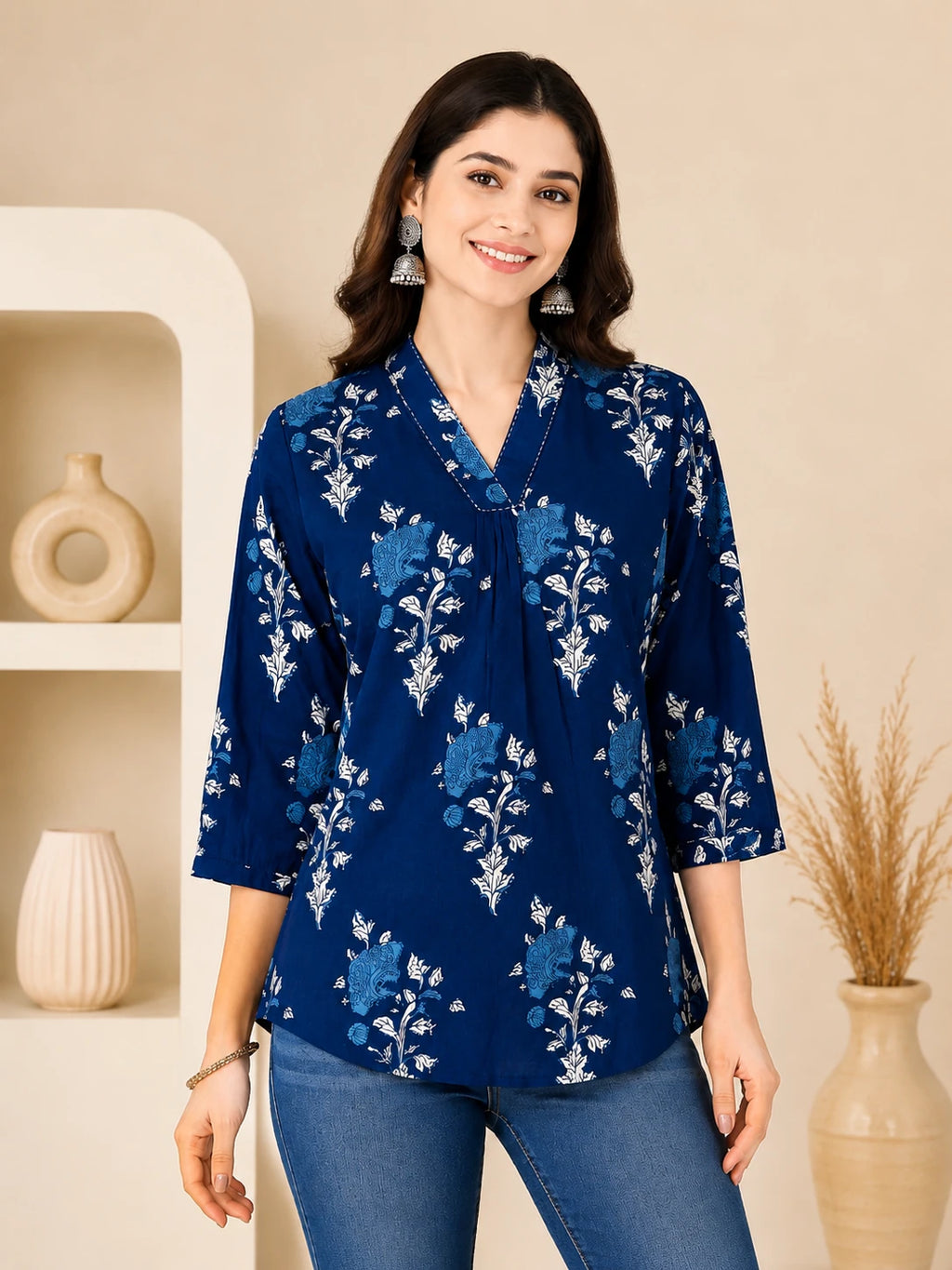 Indigo Blue V-neck Cotton Printed Tunic