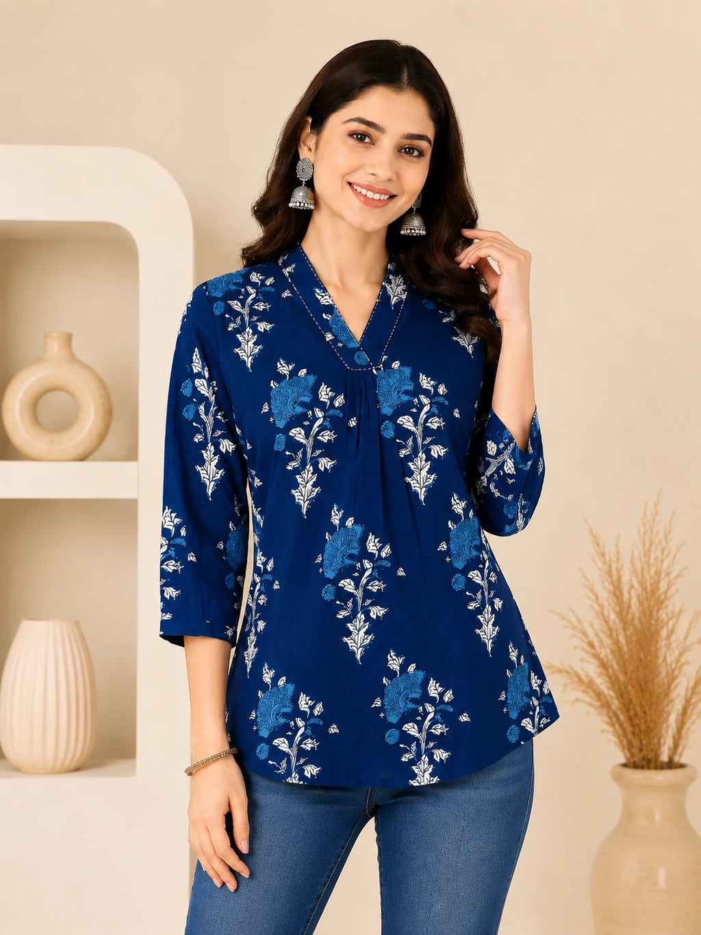 Indigo Blue V-neck Cotton Printed Tunic