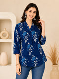 Indigo Blue V-neck Cotton Printed Tunic