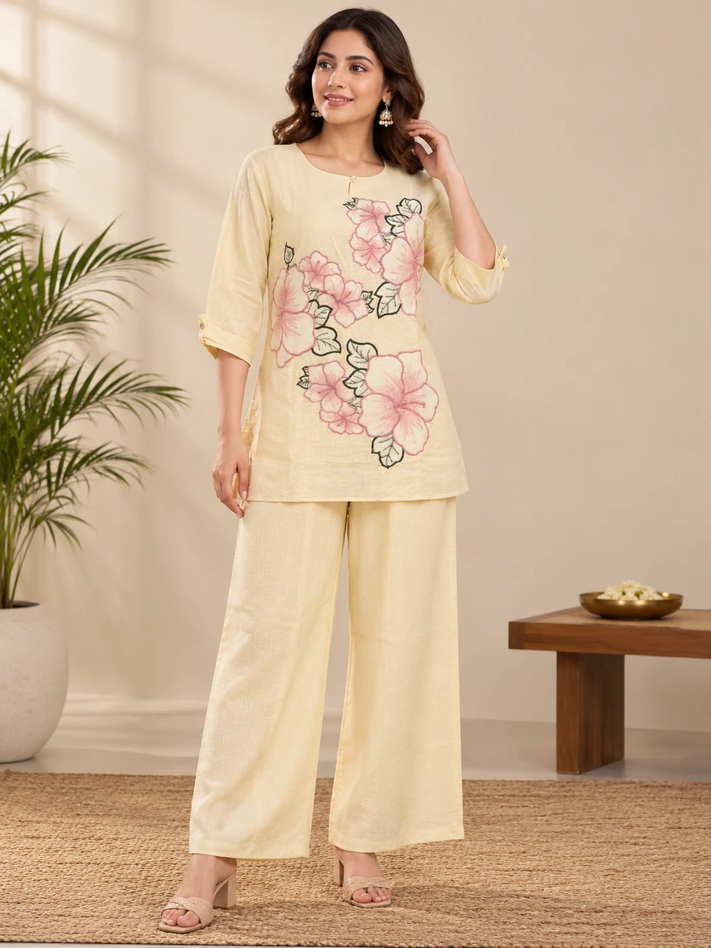 Ivory Floral Cotton Short Kurta Co-Ord Set