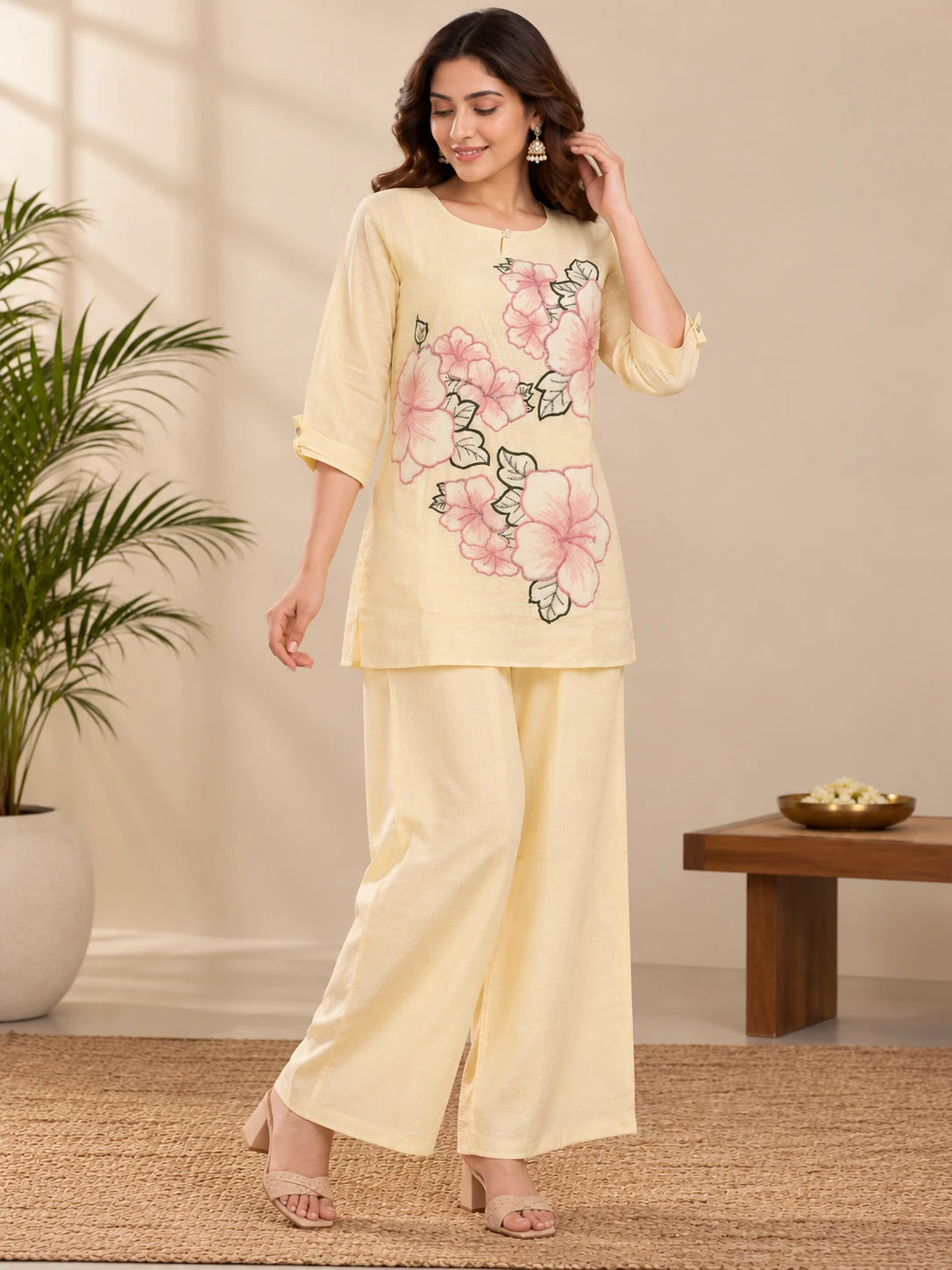 Ivory Floral Cotton Short Kurta Co-Ord Set