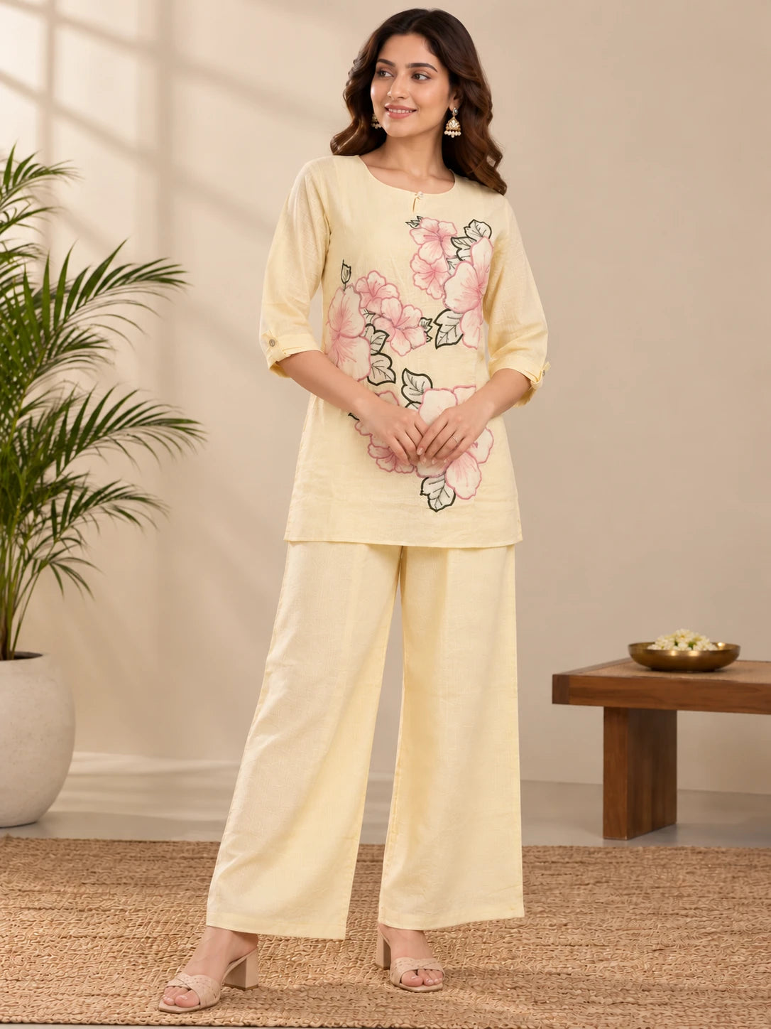 Ivory Floral Cotton Short Kurta Co-Ord Set