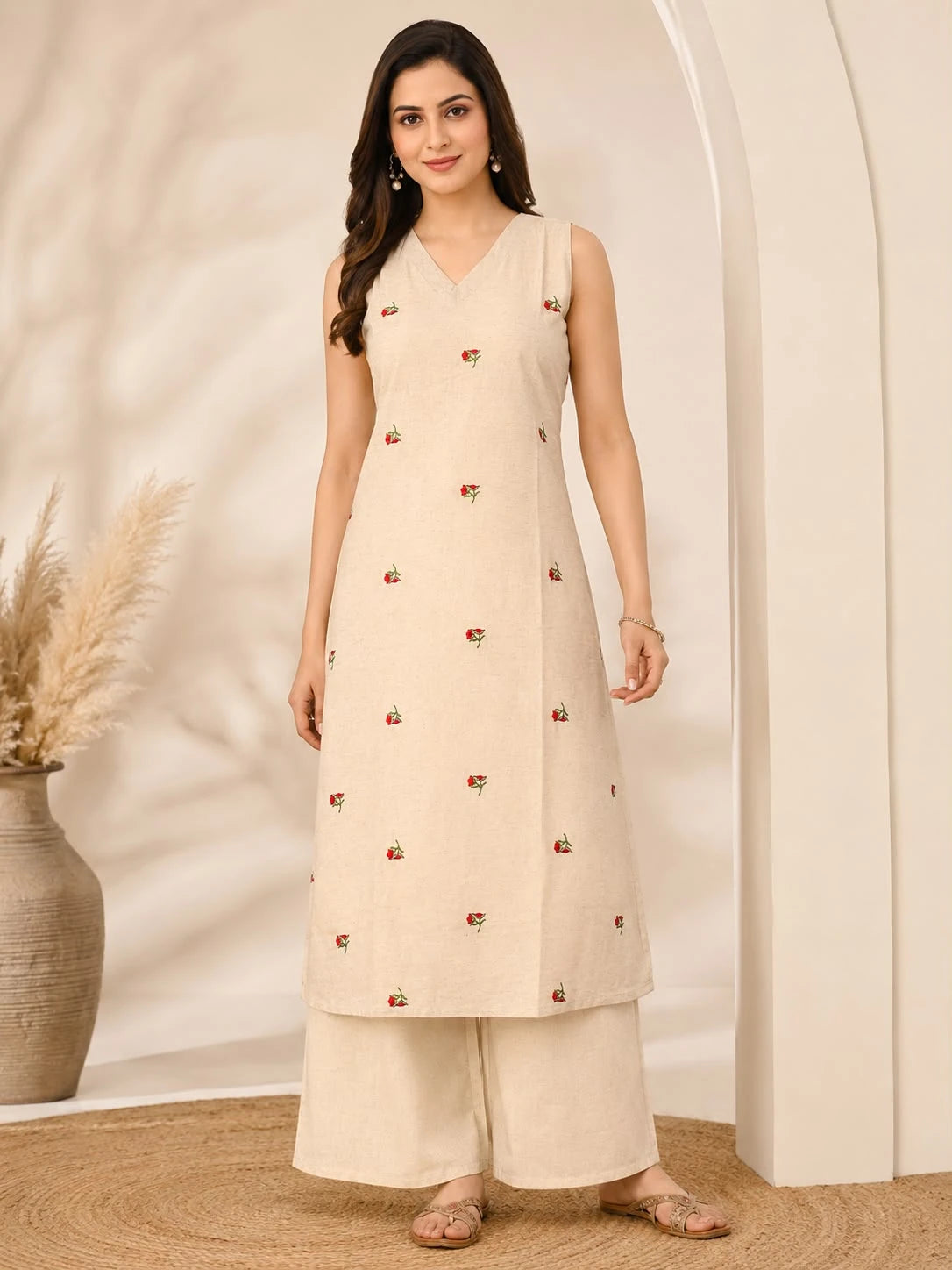 KHADI V-NECK RED EMBRODIERED SET