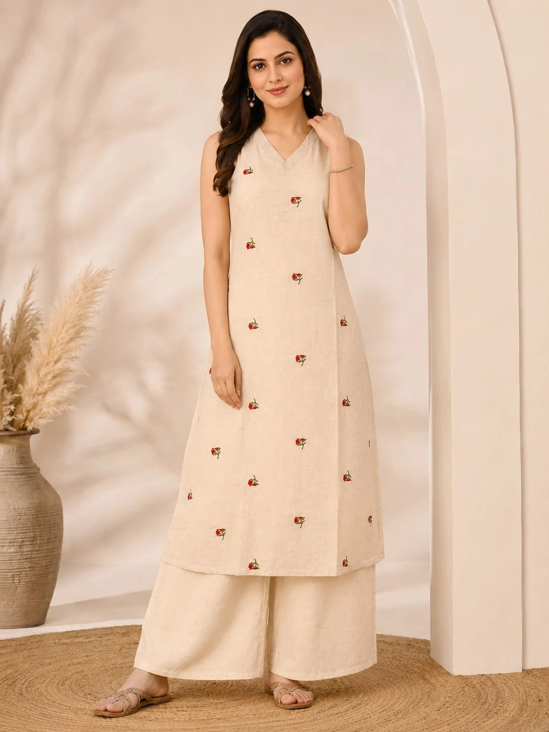 KHADI V-NECK RED EMBRODIERED SET