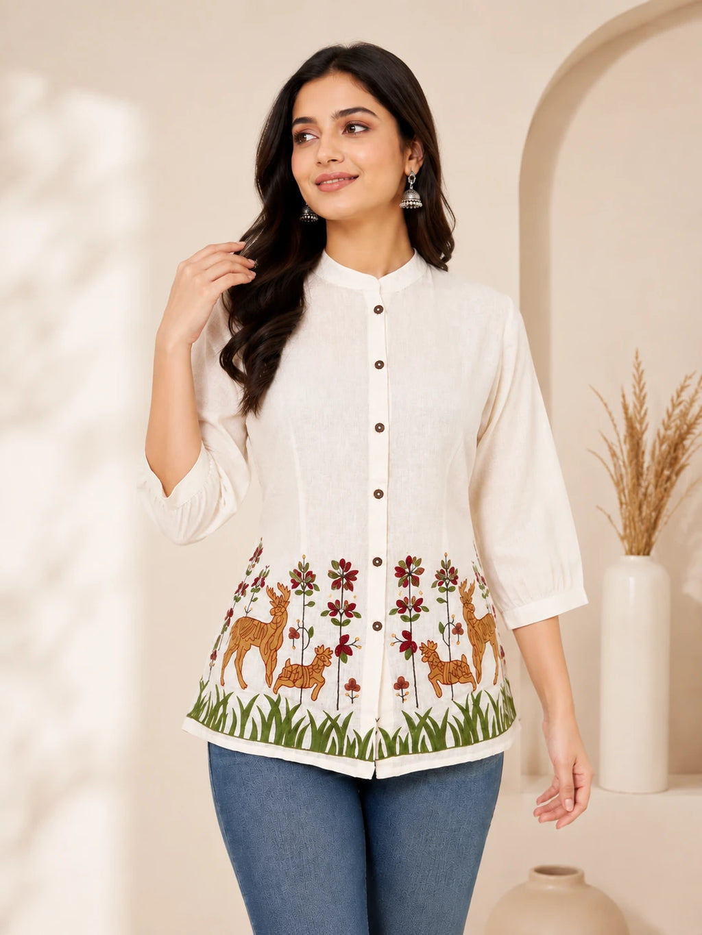 Khadi Deer Embroidery Tunic