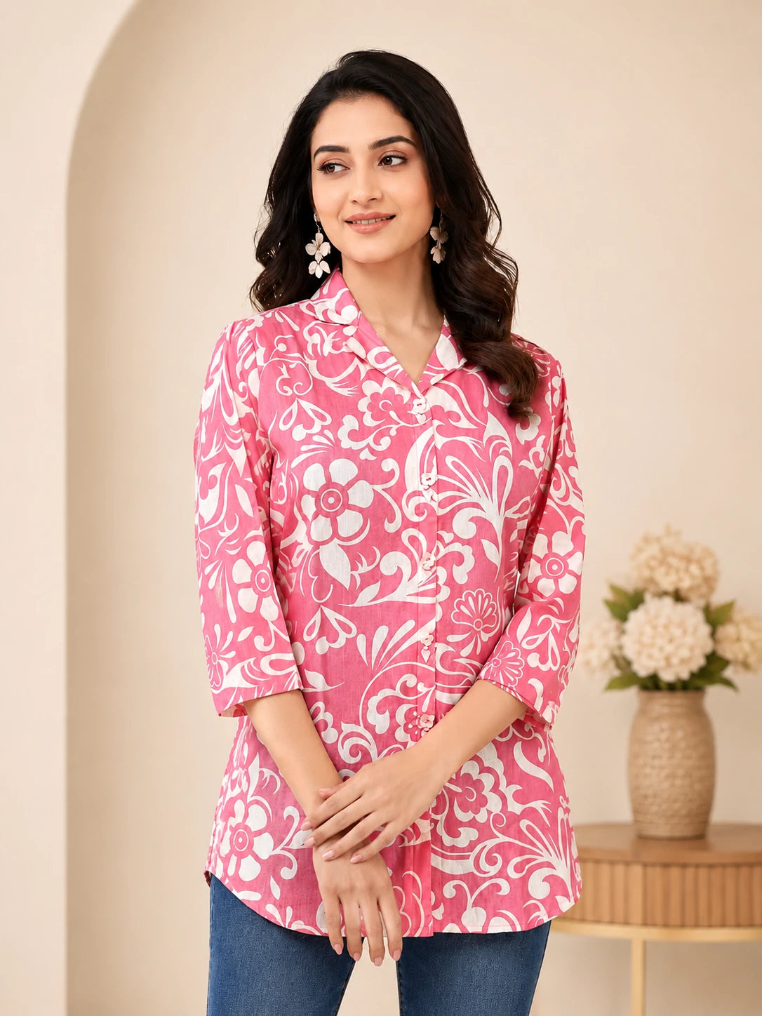 Khadi Pink Cuban Collar Tunic Top