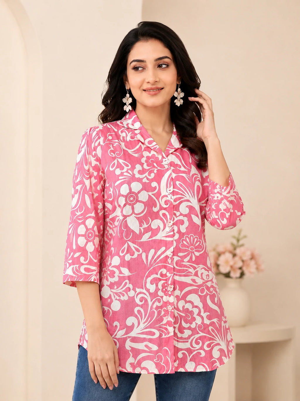 Khadi Pink Cuban Collar Tunic Top