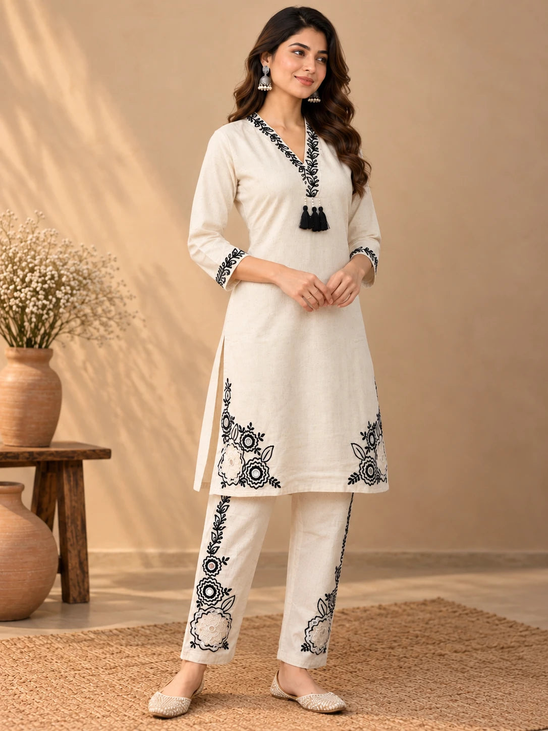 Khadi white Embroidered Kurta pant Set