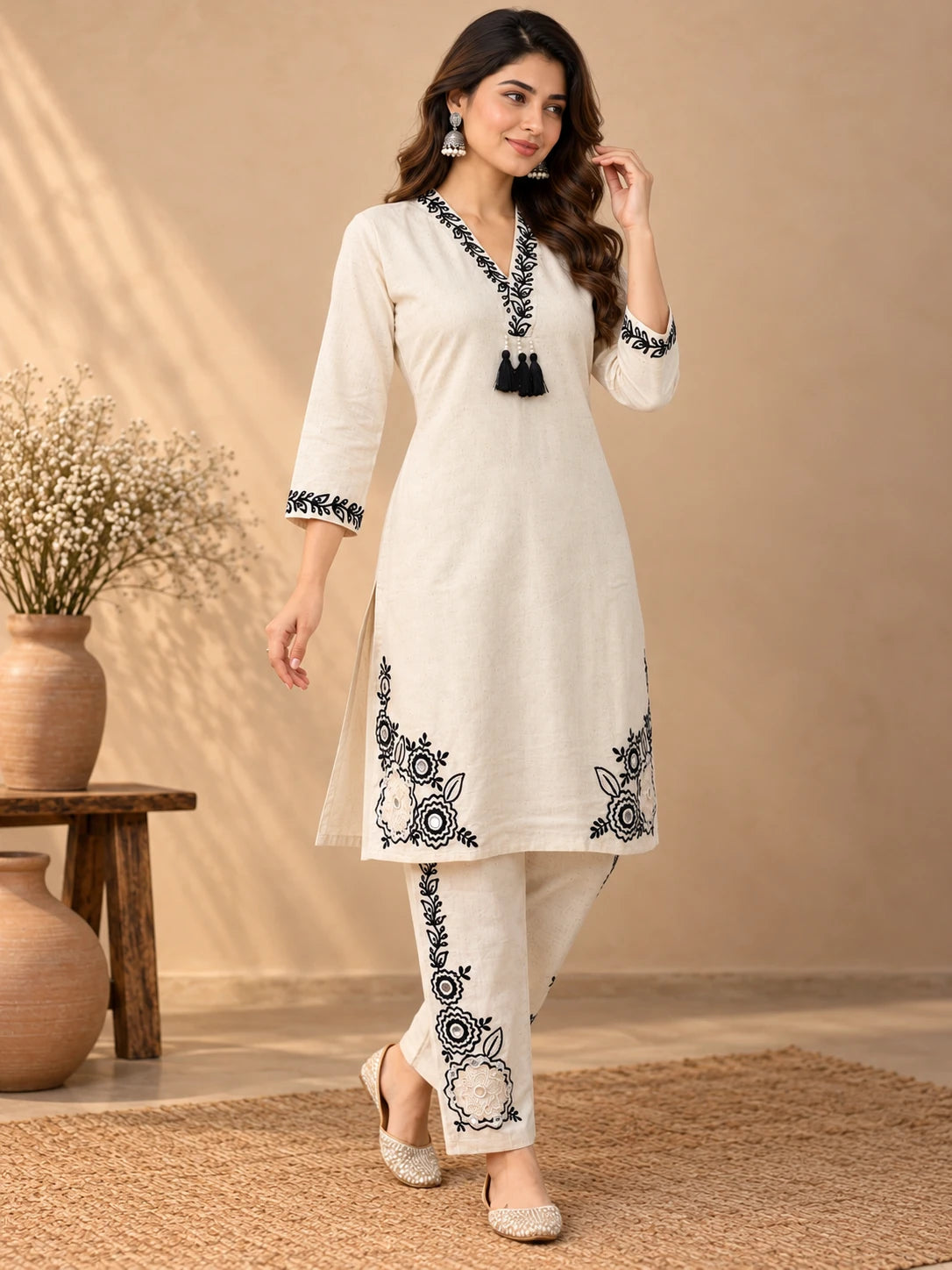 Khadi white Embroidered Kurta pant Set