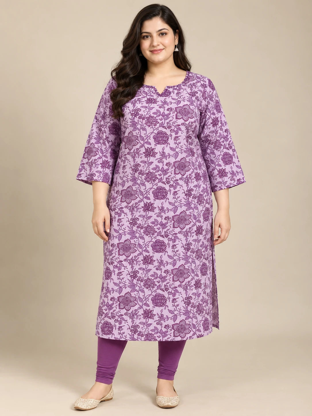 Lavender Floral Printed Plus Size Cotton Kurti