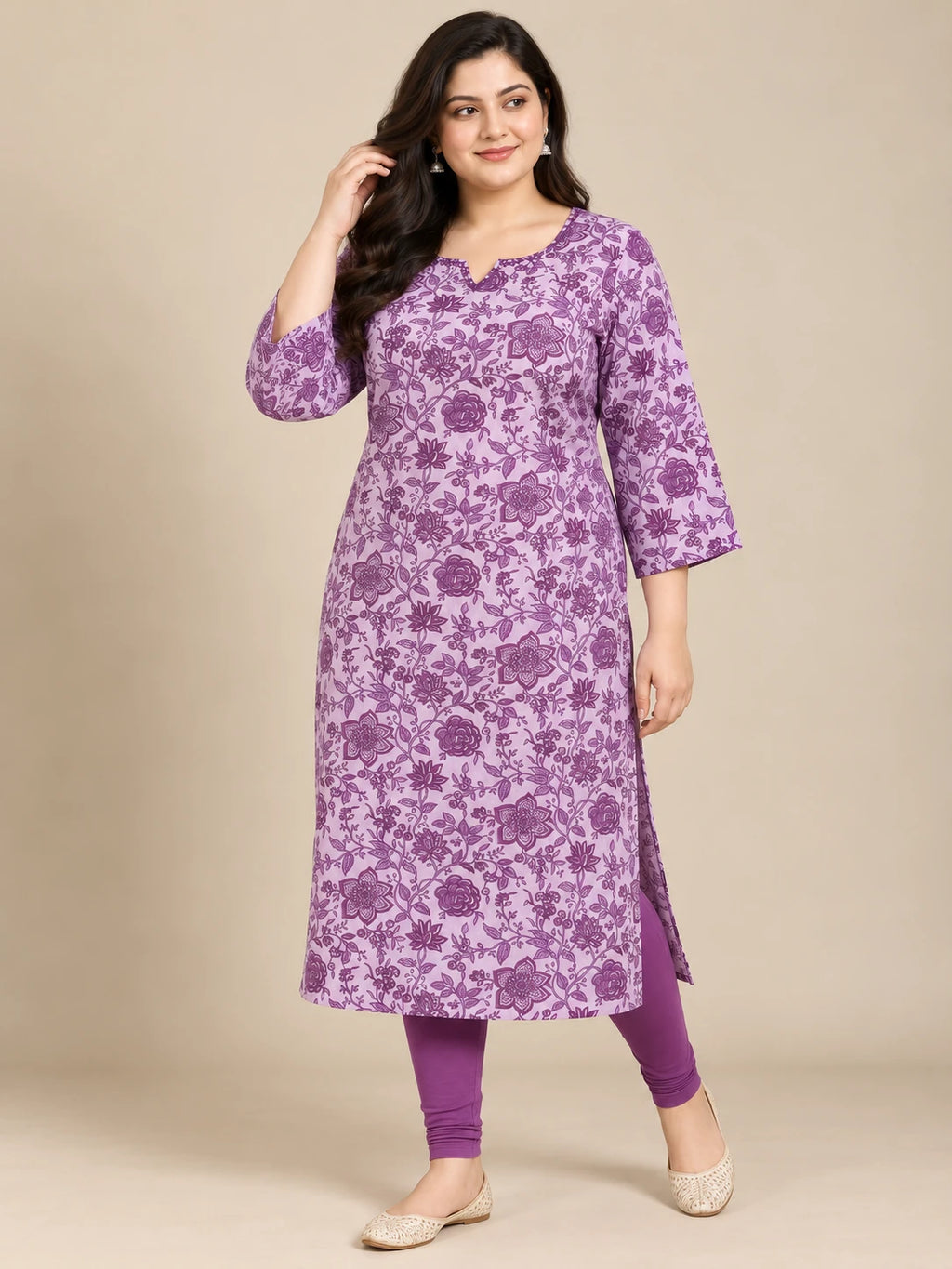 Lavender Floral Printed Plus Size Cotton Kurti