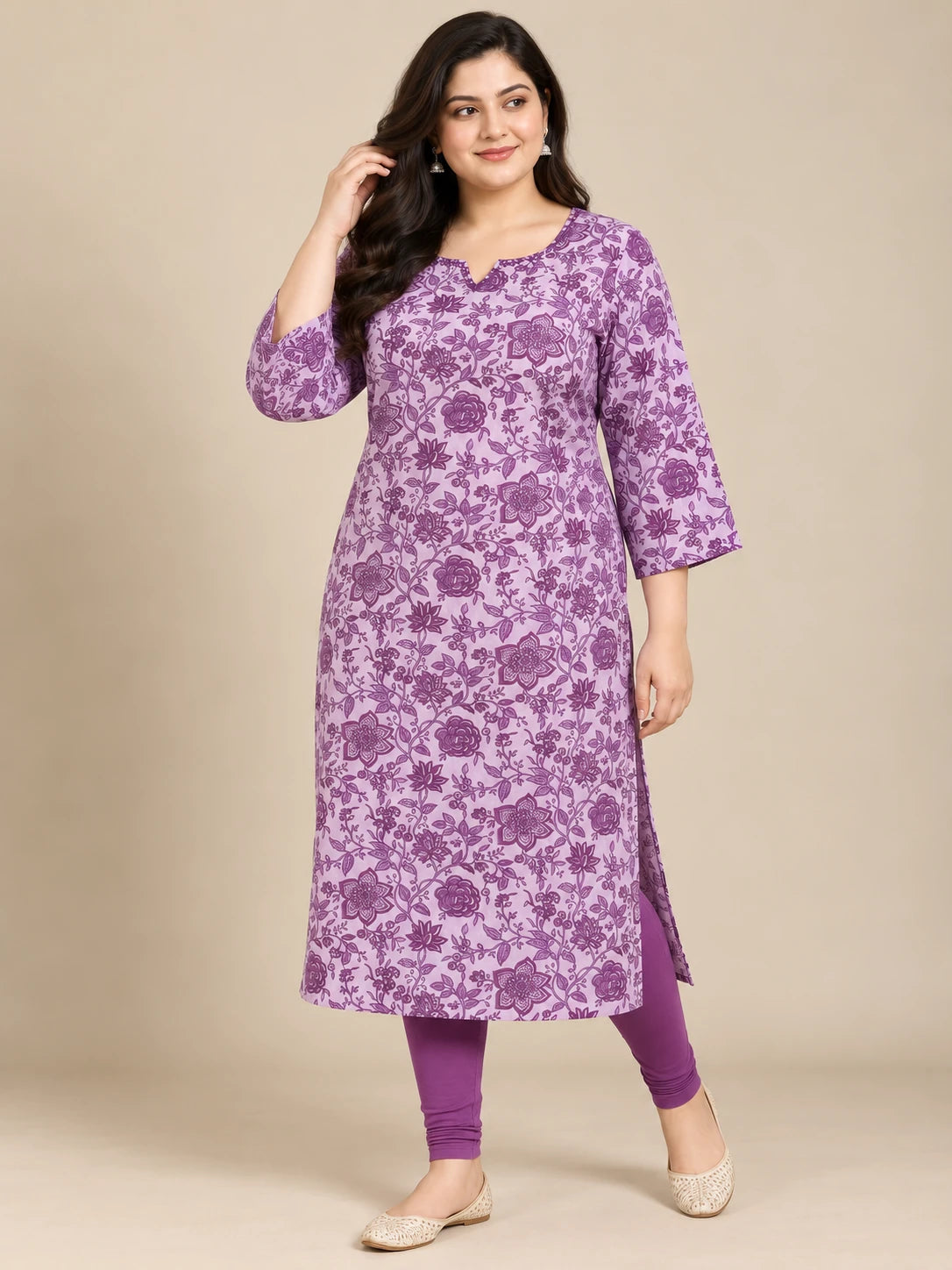 Lavender Floral Printed Plus Size Cotton Kurti