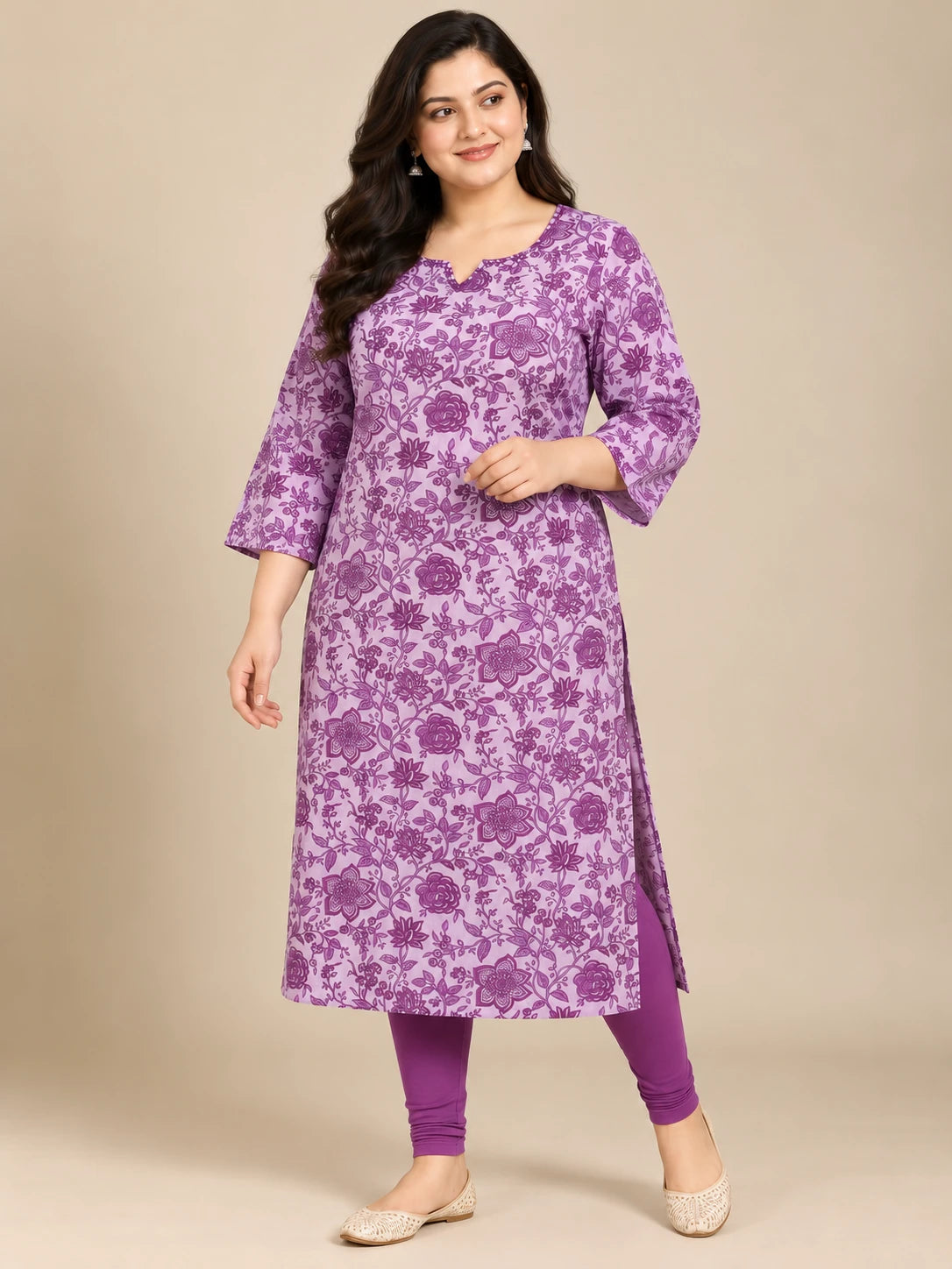 Lavender Floral Printed Plus Size Cotton Kurti
