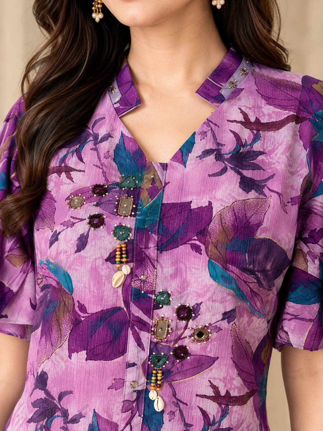 Lavender Printed Fish-Cut Short Kurta Co-ord Set