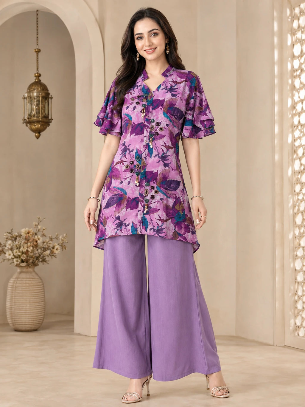 Lavender Printed Fish-Cut Short Kurta Co-ord Set