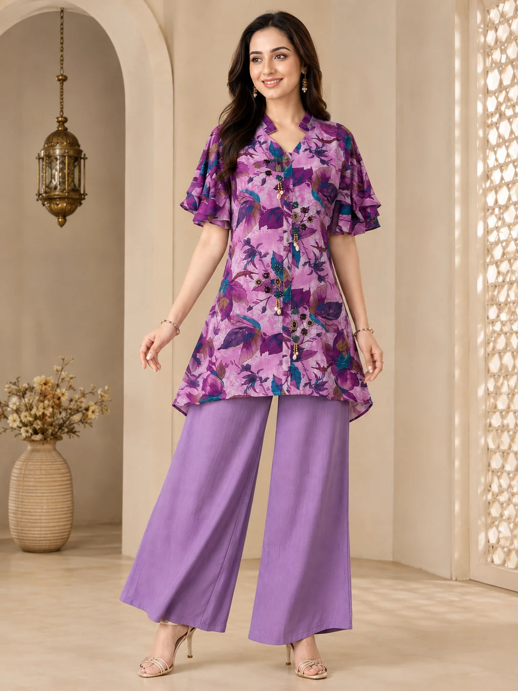 Lavender Printed Fish-Cut Short Kurta Co-ord Set